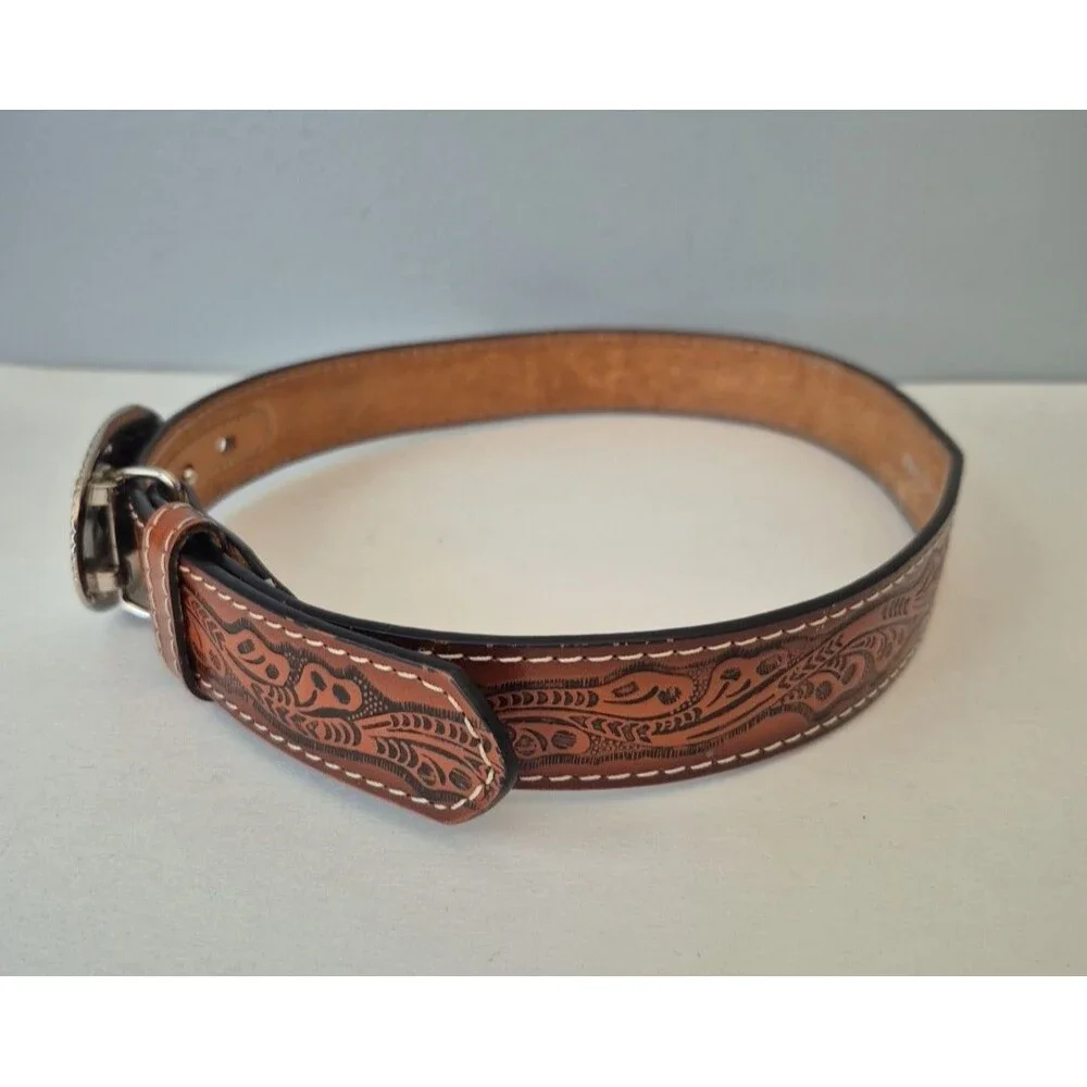 Nocona Brown Tooled Floral Genuine Bonded Leather Bull Rider Belt Boys 31 IN